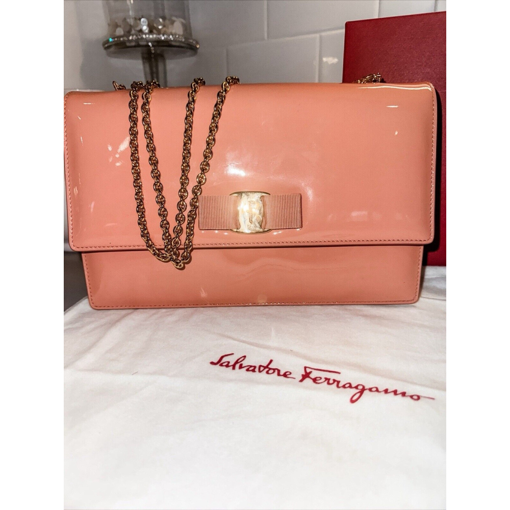 Auth Salvatore Ferragamo Handbag Shoulder Bag Pink Patent Leather - Picture 3 of 16